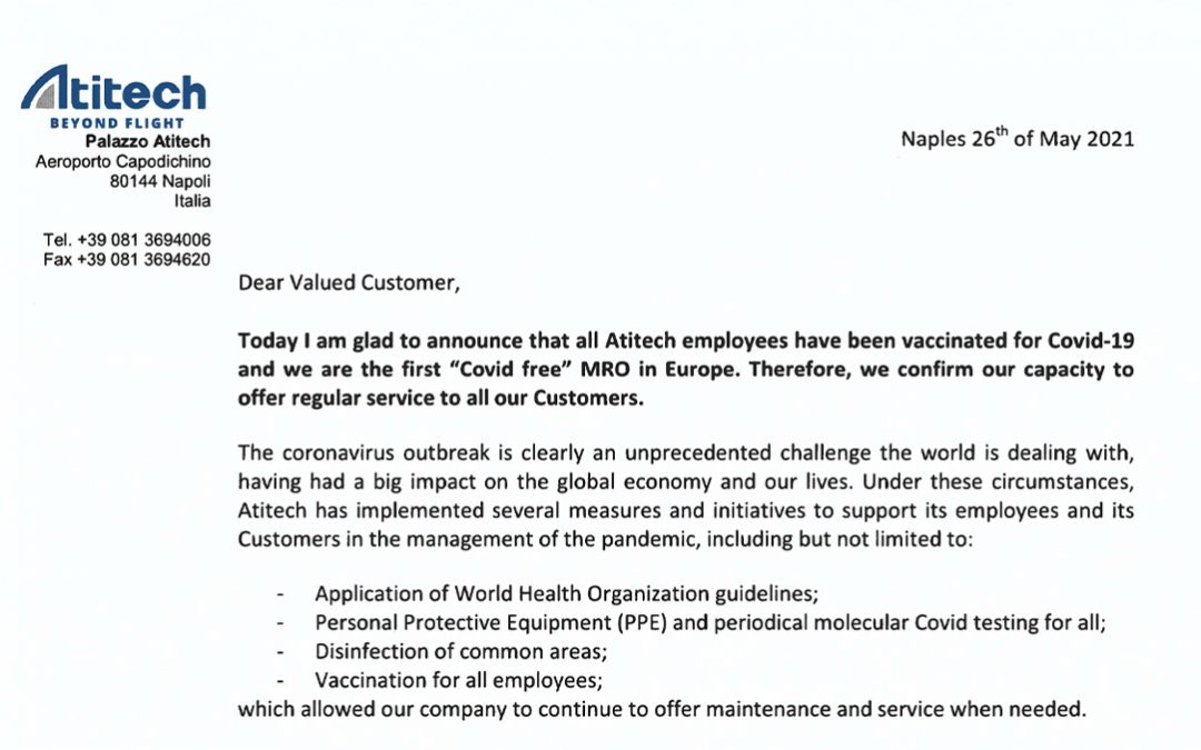 Atitech prima Mro Covid free in Europa