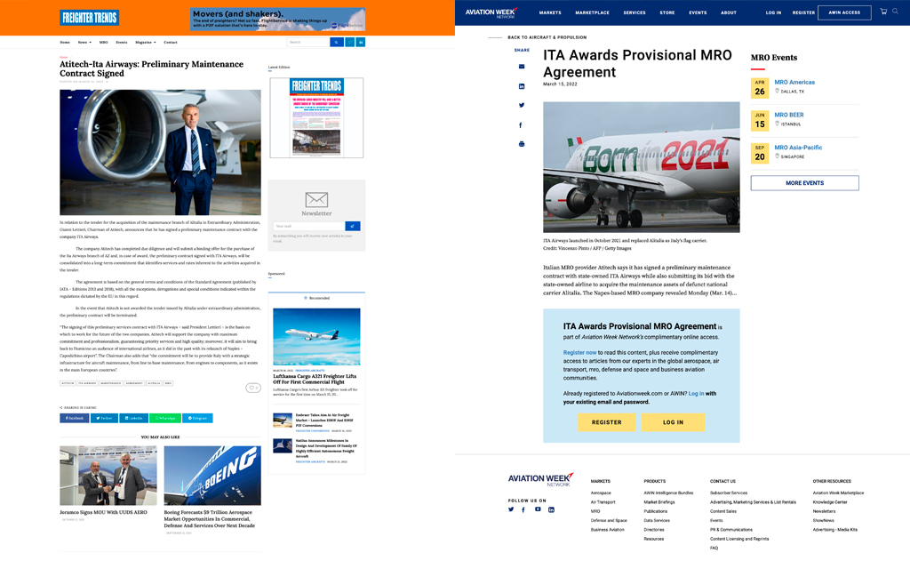 On the foreign media the preliminary between Atitech and Ita Airways