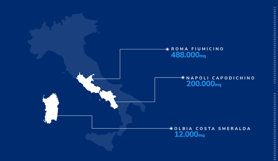 Superficie di Atitech a Roma Fiumicino, Napoli Capodichino e Olbia Costa Smeralda